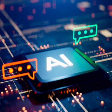 Conceptual image with a speech bubble next to an interactive AI CPU. 3d rendering